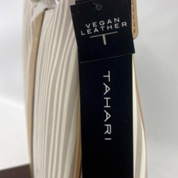 Tahari Womens Sand/Gray Striped Vegan Leather Double Handle Satchel Tote Handbag - Picture 4 of 6